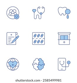 Healthcare icons set. Line Duotone style, editable stroke. brain, check up, doctor, family, medical insurance, medical service, pill, registration form, world.