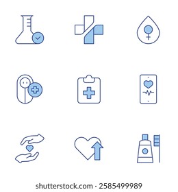 Healthcare icons set. Line Duotone style, editable stroke. baby, care, check up, health, menstruation, phone, quality control, toothbrush.