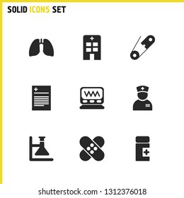 Healthcare icons set with lungs, chemical research and document elements. Set of healthcare icons and woman doctor concept. Editable vector elements for logo app UI design.