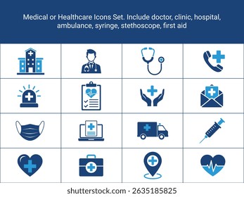 Healthcare Icons Set. Medical Elements icons. Include healthcare symbols doctor, clinic, hospital, ambulance, syringe, stethoscope, heartbeat, first aid. Healthcare Solid Icons Vector Illustration