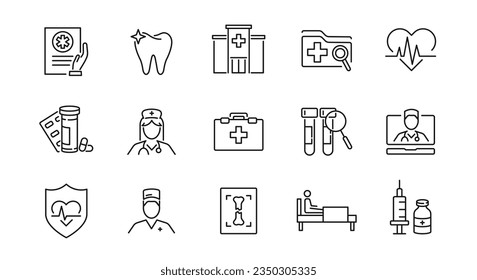 Juego de iconos de atención médica. Iconos simples de la aseguración médica. 15 Iconos de la sanidad aislados en fondo blanco. Médico, Paciente, Inyección, Iconos de rayos X. Ilustración del vector