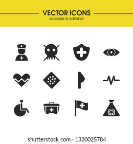 Healthcare icons set with medical protection, skull and flag elements. Set of healthcare icons and handicapped concept. Editable vector elements for logo app UI design.