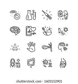 Healthcare icons set with microbes, erythrocyte and pharmacy elements. Set of healthcare icons and mind concept. Editable vector elements for logo app UI design.