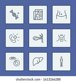 Healthcare icons set with navel, liver and erythrocyte elements. Set of healthcare icons and hepatic concept. Editable vector elements for logo app UI design.