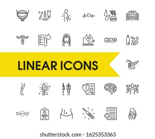 Healthcare icons set with online healthcare, bone joint and brain elements. Set of healthcare icons and ovary concept. Editable vector elements for logo app UI design.