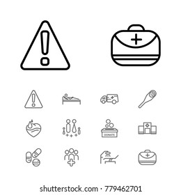 Healthcare icons set with safety work, hospital drug and medical center elements. Set of healthcare icons and thermometer concept. Editable vector elements for logo web mobile app UI design.