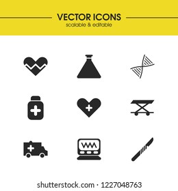 Healthcare icons set with scalpel, wheelchair and pill bottle elements. Set of healthcare icons and cardio concept. Editable vector elements for logo app UI design.