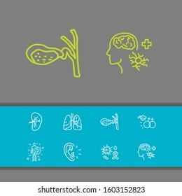 Healthcare icons set with sexology, oncology and gallbladder elements. Set of healthcare icons and intelligence concept. Editable vector elements for logo app UI design.