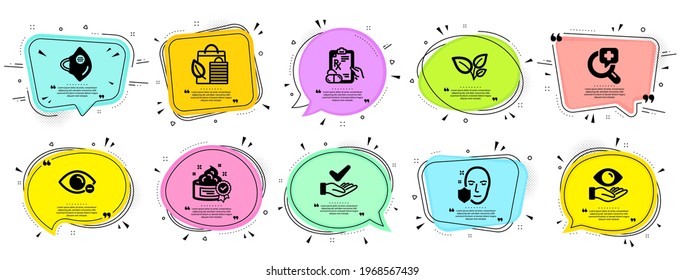 Healthcare icons set. Speech bubble offer banners. Vector coupon badge. Included icon as Leaves, Myopia, Dermatologically tested signs. Medical mask, Bio shopping, Cream symbols. Vector