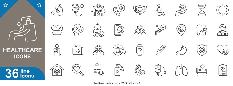 Healthcare icons set. Stethoscope, first aid kit, heartbeat, monitor, medical, bottle, bandage, hospital, bed, thermometer and more. vector illustrator.