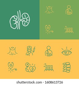 Healthcare icons set with test tubes, eye and stethoscope elements. Set of healthcare icons and tonometer concept. Editable vector elements for logo app UI design.