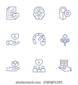 Healthcare icons set. Thin Line style, editable stroke. baby, cervical cancer, delivery, health checkup, healthcare, lotus flower, mental health, physical wellbeing, support.