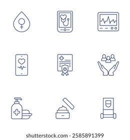 Healthcare icons set. Thin Line style, editable stroke. analysis, cardiogram, certification, community, cream, electrotherapy, menstruation, phone, soap.