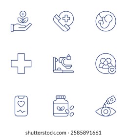 Healthcare icons set. Thin Line style, editable stroke. emergency, eye drops, family, fetus, medicine, pharmacy, smartphone, vitamins, x rays.