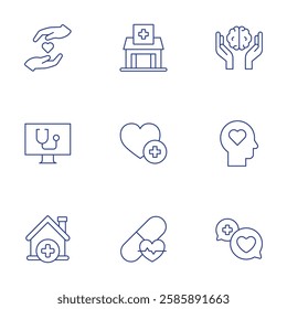 Healthcare icons set. Thin Line style, editable stroke. care, computer, health clinic, heart, home, magnesium, mental health, physical wellbeing, talk.
