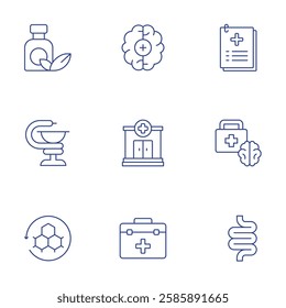 Healthcare icons set. Thin Line style, editable stroke. brain, clinic, doctor bag, health check, healthcare, intestine, medicine, pharmacy, skin regeneration.