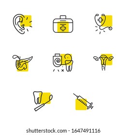 Healthcare icons set with tooth floss, syringe and dental mirror elements. Set of healthcare icons and first aid kit concept. Editable vector elements for logo app UI design.