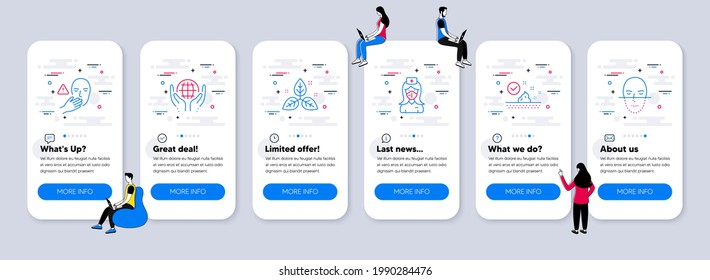 Healthcare Icons Set. UI Phone App Screens With Teamwork. Included Icon As Organic Tested, Dont Touch, Skin Care Signs. Fair Trade, Nurse, Face Recognition Line Icons. Vector