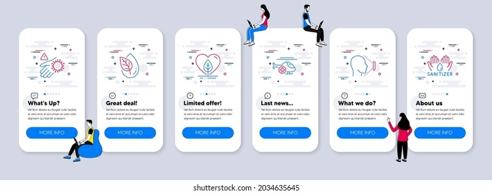 Healthcare icons set. UI phone app screens with teamwork. Included icon as Wash hand, Face id, Local grown signs. Organic product, Medical helicopter, Hand sanitizer line icons. Vector