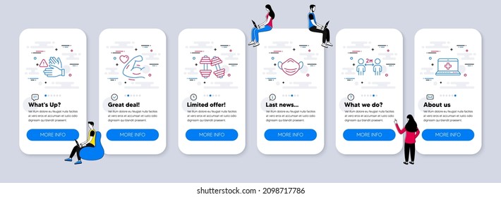 Healthcare Icons Set. UI Phone App Screens With Teamwork. Included Icon As Dont Touch, Social Distancing, Dumbbells Signs. Strong Arm, Medical Mask, Medical Help Line Icons. Vector