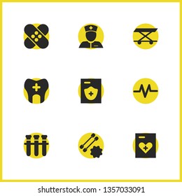 Healthcare icons set with woman doctor, heart record and rhythm elements. Set of healthcare icons and stretcher concept. Editable vector elements for logo app UI design.