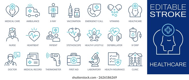 Ícones de saúde, como médico, hospital, médico, saúde e muito mais. Traçado editável. Altere para qualquer tamanho e qualquer cor.