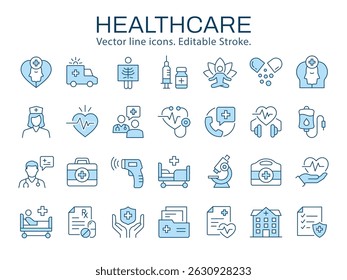 Healthcare icons, such as medicine,, care, doctor, treatment and more. Vector illustration isolated on white. Editable stroke. Change to any size and any color.