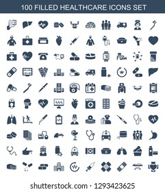 healthcare icons. Trendy 100 healthcare icons. Contain icons such as bandage, hospital stretch, injection, heartbeat, hospital building, pill. healthcare icon for web and mobile.