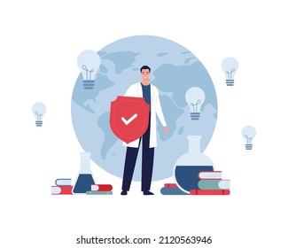 Healthcare, illness prevention and insurance concept. Vector flat people illustration. Male doctor with red shield defence symbol. World map, book, lab flask and lightbulb sign on background.