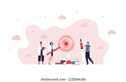 Healthcare, illness prevention and science concept. Vector flat people illustration. Team of female doctor with magnifier glass study virus on planet earth symbol. Male patient with syringe.