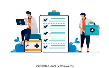 Healthcare illustration of pharmacists and doctors check all requirements in preparing ointments. Can be used for covers, banners, ads flyers, posters for hospitals and clinics