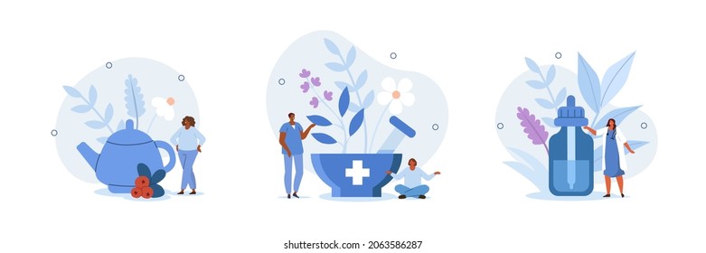 Healthcare illustration set. Characters taking care about health and using aromatherapy and other alternative health care methods. Alternative and herbal medicine concept. Vector illustration.
