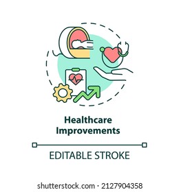 Healthcare Improvements Concept Icon. Rural Electrification Economic Benefits Abstract Idea Thin Line Illustration. Isolated Outline Drawing. Editable Stroke. Roboto-Medium, Myriad Pro-Bold Fonts Used