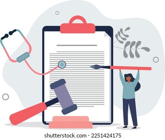 Healthcare incompetence consequences legal letter..Doctor failure law claim with agreement and contract scene.flat vector illustration.