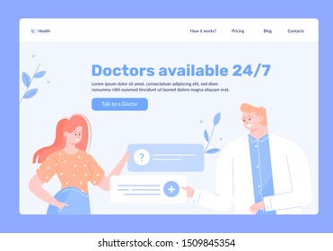 Healthcare industry. Talk with the doctor online. Medical center on the Internet. Happy friendly characters therapist and patient are chatting. Vector flat illustration. Landing Page Template.