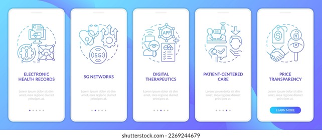 Healthcare industry trends blue gradient onboarding mobile app screen. Walkthrough 5 steps graphic instructions with linear concepts. UI, UX, GUI template. Myriad Pro-Bold, Regular fonts used
