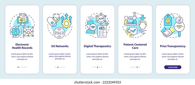 Healthcare industry trends onboarding mobile app screen. Walkthrough 5 steps editable graphic instructions with linear concepts. UI, UX, GUI template. Myriad Pro-Bold, Regular fonts used