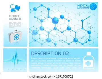 Healthcare infographic blue concept with realistic medical box heart rhythm and molecular structure vector illustration