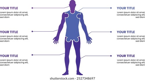 Modelo infográfico de saúde com ícone de anatomia humana em 6 opções.