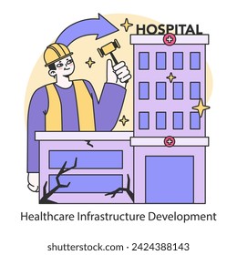 Healthcare Infrastructure Development concept. Construction worker revitalizes hospital facilities, symbolizing growth and modernization in medical care. Flat vector illustration.