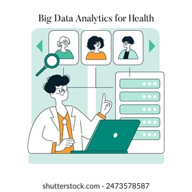 Healthcare Innovation concept. A clinician analyzes patient data using big data analytics for better health outcomes. Patient profiles, medical research. Vector illustration.