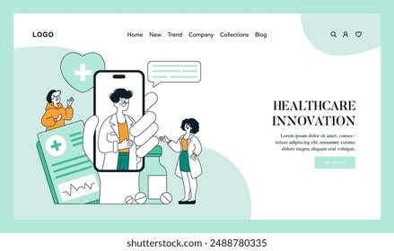 Concepto de innovación sanitaria. Tecnología de salud digital con consulta médica virtual y servicios de prescripción electrónica. Mejorar la accesibilidad de la atención médica. Ilustración vectorial.