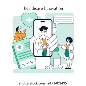 Healthcare Innovation concept. Digital medical consultation and modern treatment methods. Online healthcare services integration. Vector illustration.