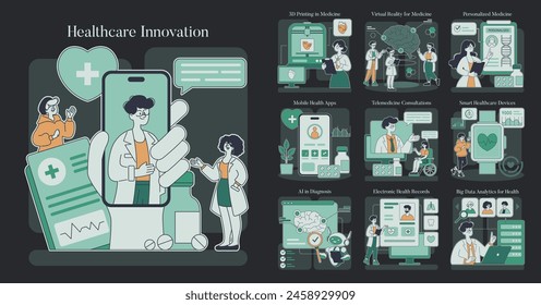 Healthcare Innovation concept. Emerging technologies shaping future healthcare. Telemedicine, AI diagnosis, wearable devices. Vector illustration.