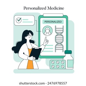 Healthcare innovation concept. A female scientist interacts with a screen showing DNA for personalized medicine treatments. Vector illustration.