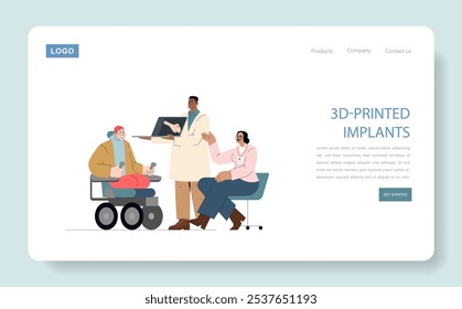 Healthcare innovation concept. Medical professionals discussing 3D-printed implants with patient. Personalized medicine advancement. Vector illustration.