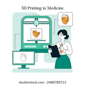 Healthcare Innovation concept. A scientist optimizes 3D printing for medical use, a leap in technology aiding patient care. Research and development in healthcare. Vector illustration.