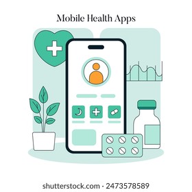 Concepto de innovación sanitaria. Un smartphone que muestra varias funciones de App de la salud con medicación y un símbolo del corazón, lo que indica avances en la salud digital. Ilustración vectorial.