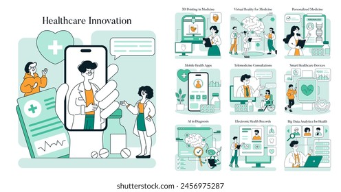 Conjunto de innovación sanitaria. Avances en telemedicina, diagnóstico de IA y App móviles de la salud. Representación de tecnologías médicas de vanguardia. Ilustración vectorial.