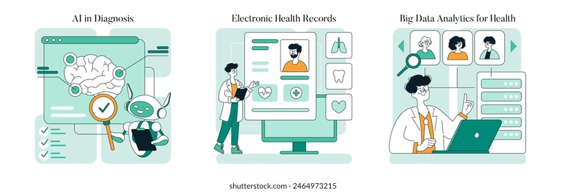 Healthcare innovation set. AI diagnosis, electronic health records and big data analytics. Advancements in medical technology interfaces. Vector illustration.